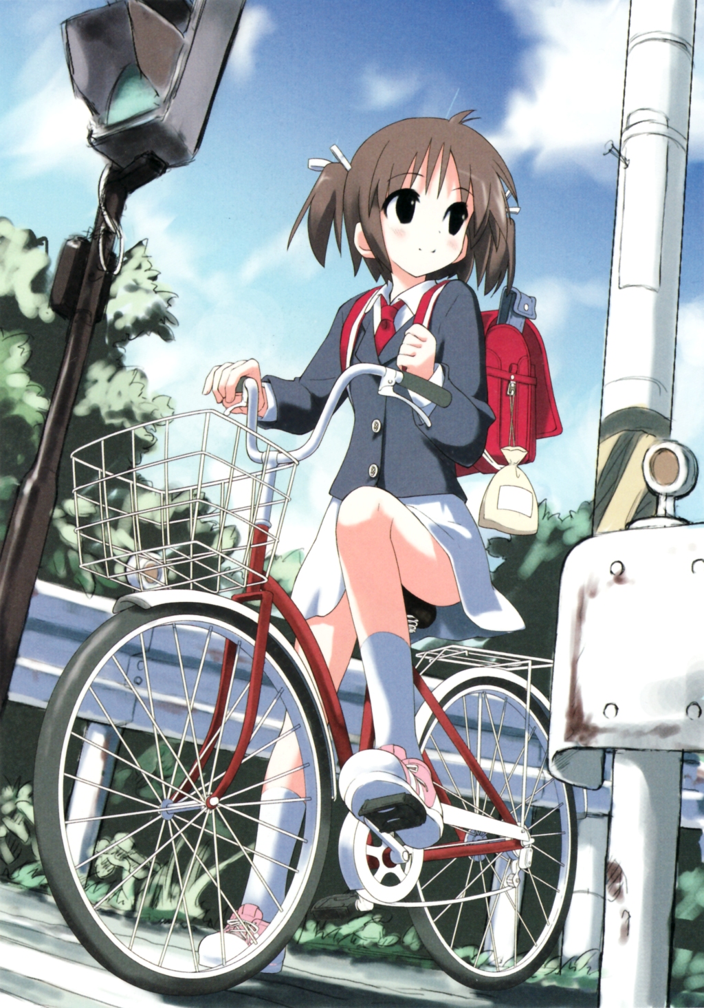 hiide, original, looking away, highres, 1girl, backpack, bag, basket, bicycle, black eyes, blazer, blue sky, blush, brown hair, bush, day, female focus, from below, guard rail, hair ribbon, jacket, legs, long sleeves, looking to the side, necktie, outdoors, plant, pole, randoseru, red necktie, ribbon, sack, school uniform, serafuku, shoes, short hair, short twintails, skirt, sky, smile, sneakers, socks, solo, traffic light, twintails, white skirt, white socks, wing collar