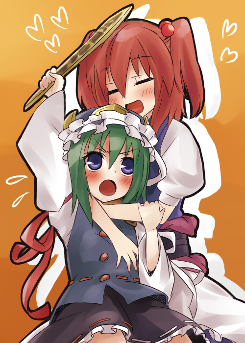 kiji (manekinuko-tei), onozuka komachi, shiki eiki, touhou, 2girls, blush, brown hair, closed eyes, female focus, green hair, hair bobbles, hair ornament, hat, heart, hug, hug from behind, multiple girls, open mouth, purple eyes, ribbon, rod of remorse, short hair, short twintails, skirt, sweatdrop, twintails, two side up