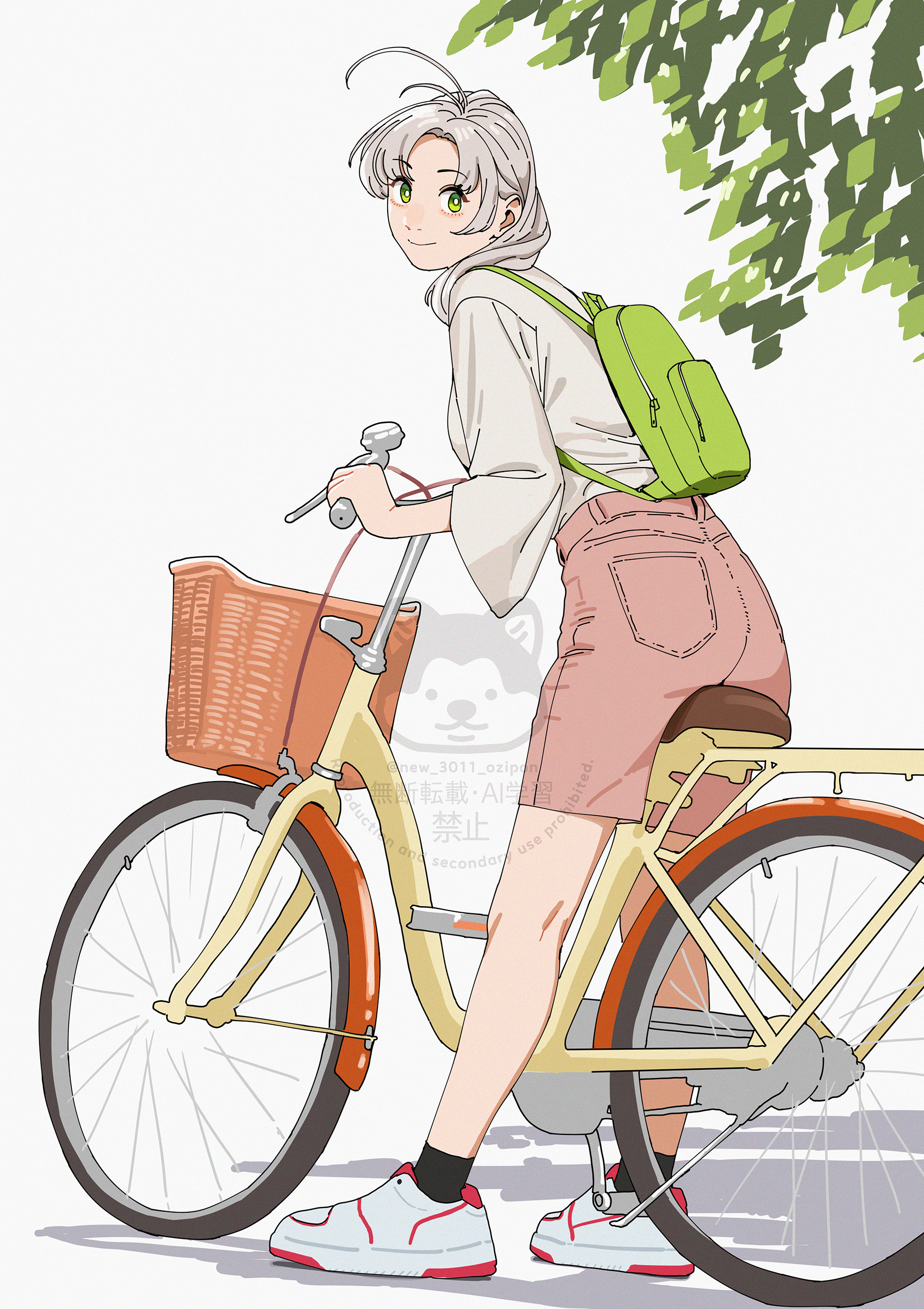 ojipon, kinugasa (kancolle), kinugasa (kure 2025) (kancolle), kinugasa kai ni (kancolle), kantai collection, absurdres, highres, 1girl, antenna hair, backpack, bag, basket, bicycle, black socks, full body, green eyes, grey hair, long hair, looking at viewer, official alternate costume, pink shorts, shirt, shoes, shorts, smile, socks, solo, white shirt, white shoes