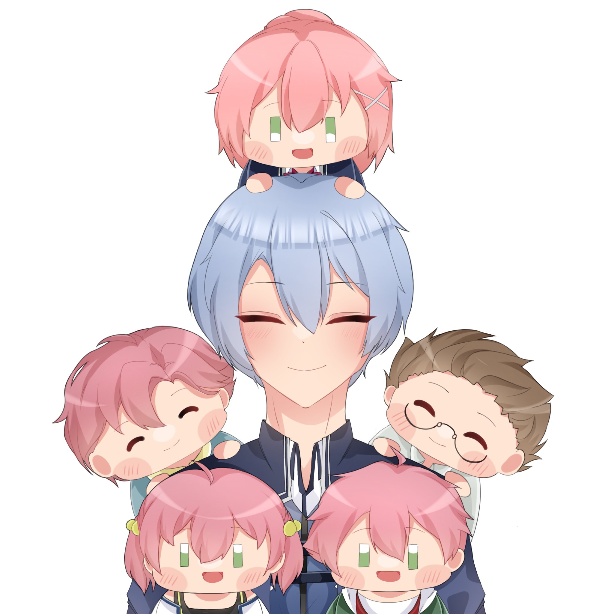 juna crawford, kurt vander, lina crawford, nana crawford, eiyuu densetsu, sen no kiseki, sen no kiseki (series), sen no kiseki iii, artist request, commentary, english commentary, highres, 3boys, 3girls, ahoge, blue hair, chibi, closed eyes, double-parted bangs, glasses, hair between eyes, hair bun, hair slicked back, ken crawford, matthew crawford, multiple boys, multiple girls, parted bangs, pink hair, school uniform, short hair, simple background, smile, thors military academy branch campus uniform, white background