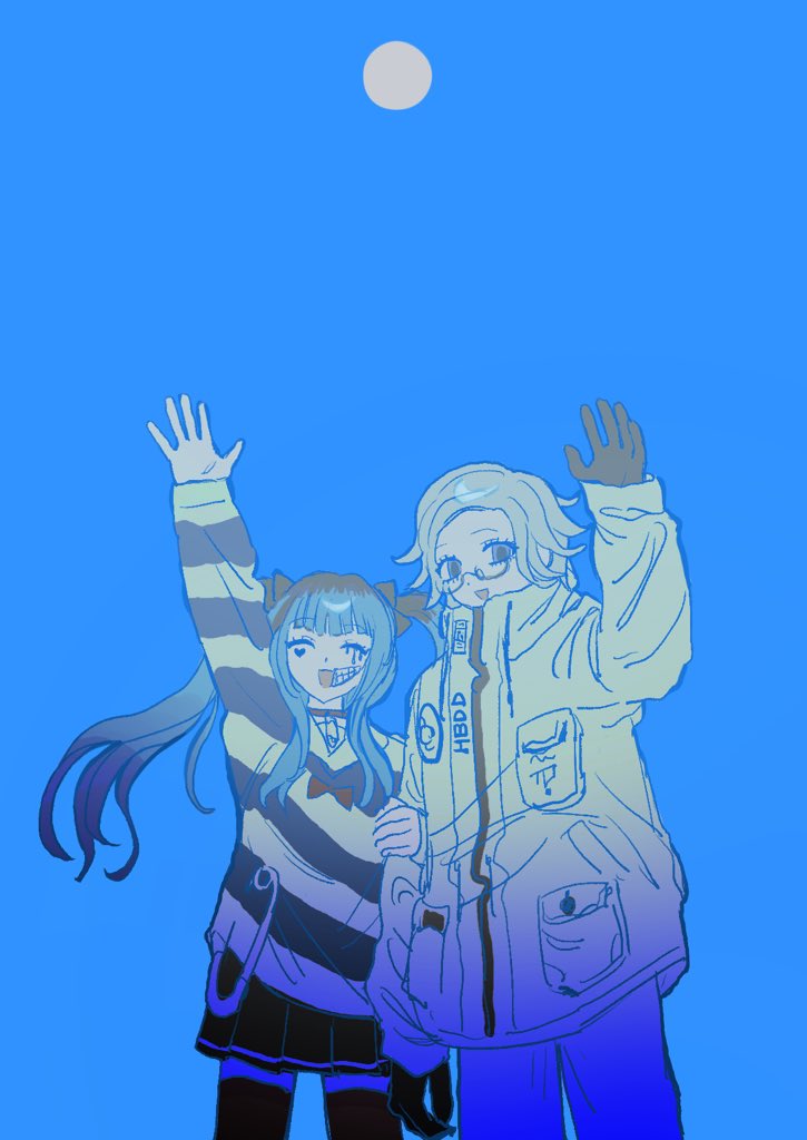 tami tome mo, amemiya darumi, aotsuki eito, the hundred line -last defense academy-, commentary request, 1boy, 1girl, :d, ^ ^, black gloves, black hair, black skirt, blue background, blue eyes, blue hair, bow, breast pocket, choker, closed eyes, facial mark, glasses, gloves, grey hair, hair bow, heart, heart facial mark, jacket, locked arms, long hair, looking at viewer, makeup, multicolored hair, open mouth, pants, pocket, red bow, red choker, roots (hair), runny makeup, safety pin, shirt, short hair, simple background, skirt, smile, striped clothes, striped shirt, thighhighs, twintails, waving, white jacket, white pants