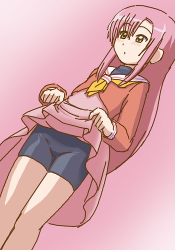 katsura hinagiku, hayate no gotoku!, lowres, 00s, bike shorts, clothes lift, dress, dress lift, long hair, pink hair, school uniform, serafuku, skirt, skirt lift, solo