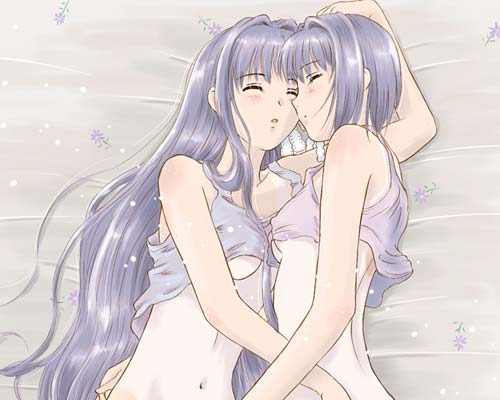 takahashi mugi, fujibayashi kyou, fujibayashi ryou, clannad, lowres, 00s, 2girls, accidental incest, areola slip, bed, blush, bottomless, breasts, closed eyes, clothes lift, incest, long hair, lying, multiple girls, navel, no bra, on side, shirt lift, short hair, siblings, sisters, sleeping, tan, tanline, twins, underboob, yuri