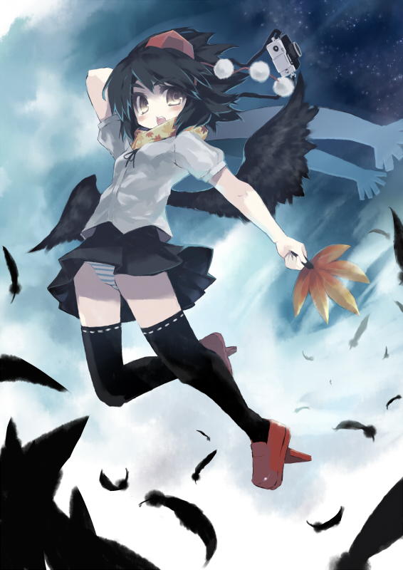 xexu, shameimaru aya, touhou, 1girl, black wings, female focus, geta, hat, looking at viewer, open mouth, panties, solo, striped clothes, striped panties, tengu-geta, thighhighs, underwear, wings