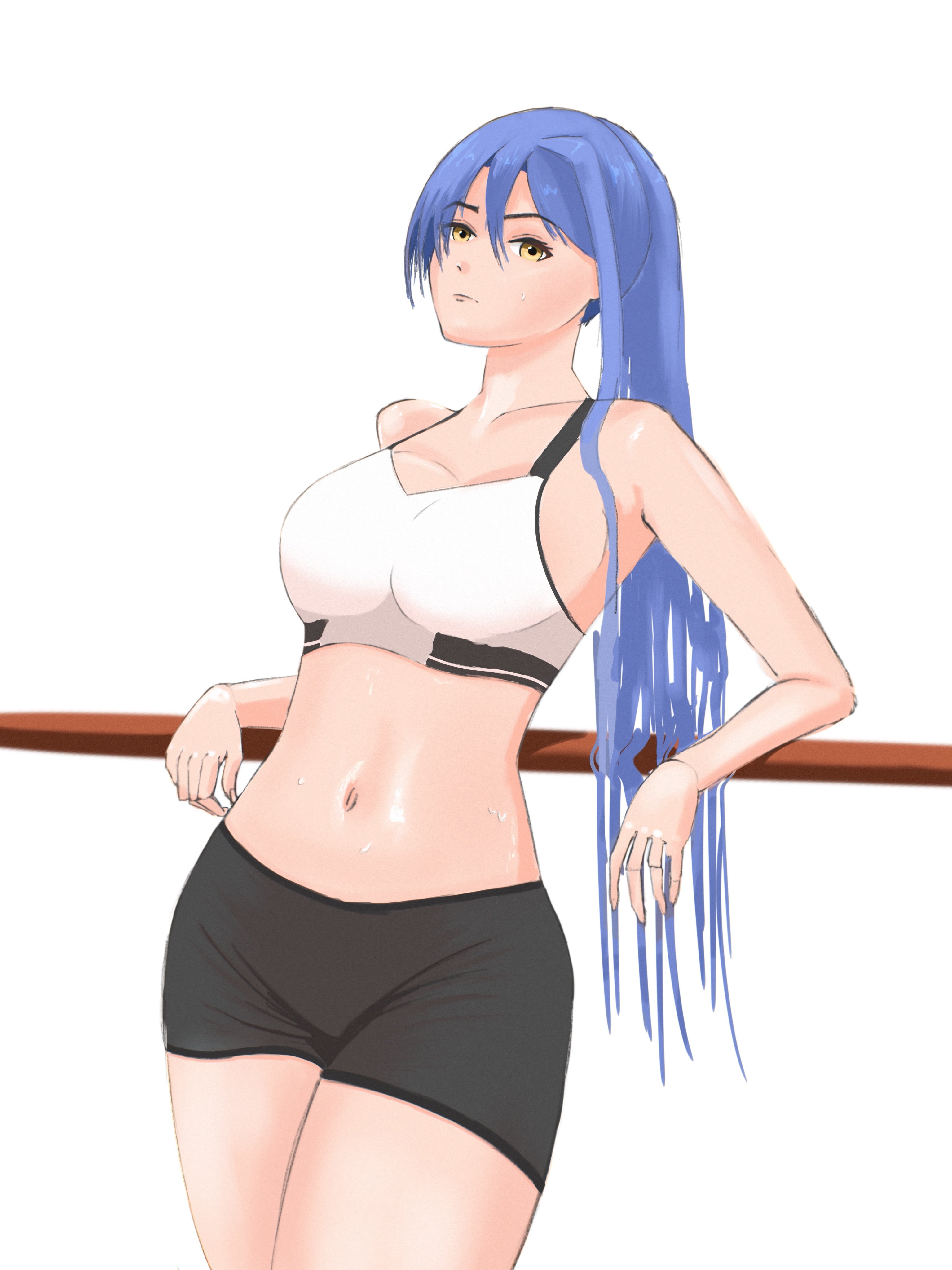 r thors, laura s. arseid, eiyuu densetsu, sen no kiseki (series), absurdres, commentary, english commentary, highres, 1girl, bike shorts, blue hair, breasts, cleavage, collarbone, crop top, double-parted bangs, hair between eyes, large breasts, leaning back, long hair, navel, shorts, simple background, solo, stomach, upper body, white background, yellow eyes