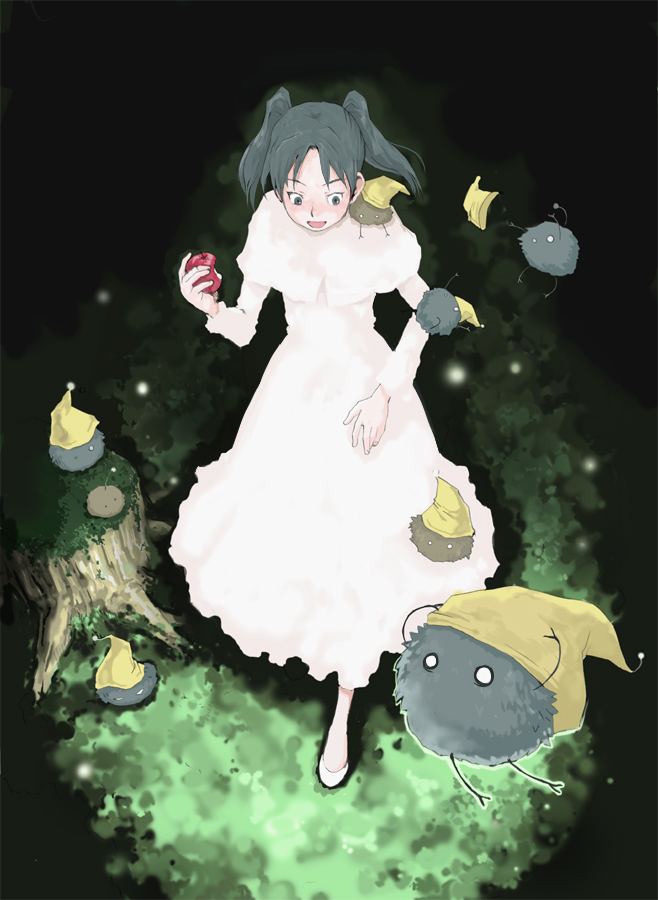 tamaoki benkyou, amasawa yuuko, mojo (dennou coil), snow white (fairy tale character), dennou coil, snow white (fairy tale), 1girl, apple, black hair, dress, female focus, food, from above, fruit, holding, holding food, holding fruit, parody, solo, twintails