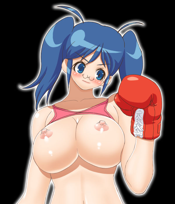 gambler club, hinata aki, keroro gunsou, 1girl, artistic error, bad anatomy, black background, blush, boxing gloves, breasts, female focus, glasses, huge breasts, large breasts, long hair, mature female, nipples, pince-nez, poorly drawn, short hair, simple background, solo, twintails