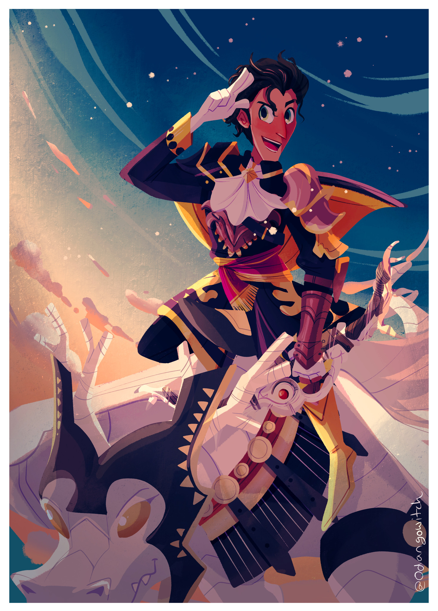 claude von riegan, fire emblem, fire emblem: three houses, nintendo, highres, 1boy, armor, artist name, ascot, black hair, black shirt, boots, bracer, cape, dark-skinned male, dark skin, dragon, gloves, green eyes, hand up, long sleeves, male focus, outdoors, riding, riding animal, salute, shirt, short hair, white gloves, yellow boots, yellow cape, zoe roberts