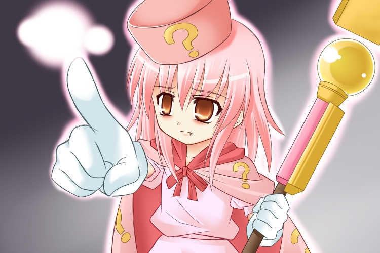 tadokoro teppei, hatena yousei, benesse, lyrical nanoha, mahou shoujo lyrical nanoha, mahou shoujo lyrical nanoha strikers, 1girl, brown eyes, cape, fang, fang out, female focus, hat, long hair, orange eyes, parody, pink hair, pink hat, pointing, solo, staff