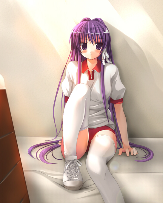 kiriya haruhito, fujibayashi kyou, clannad, kiriya, 00s, buruma, gym uniform, purple hair, solo, thighhighs