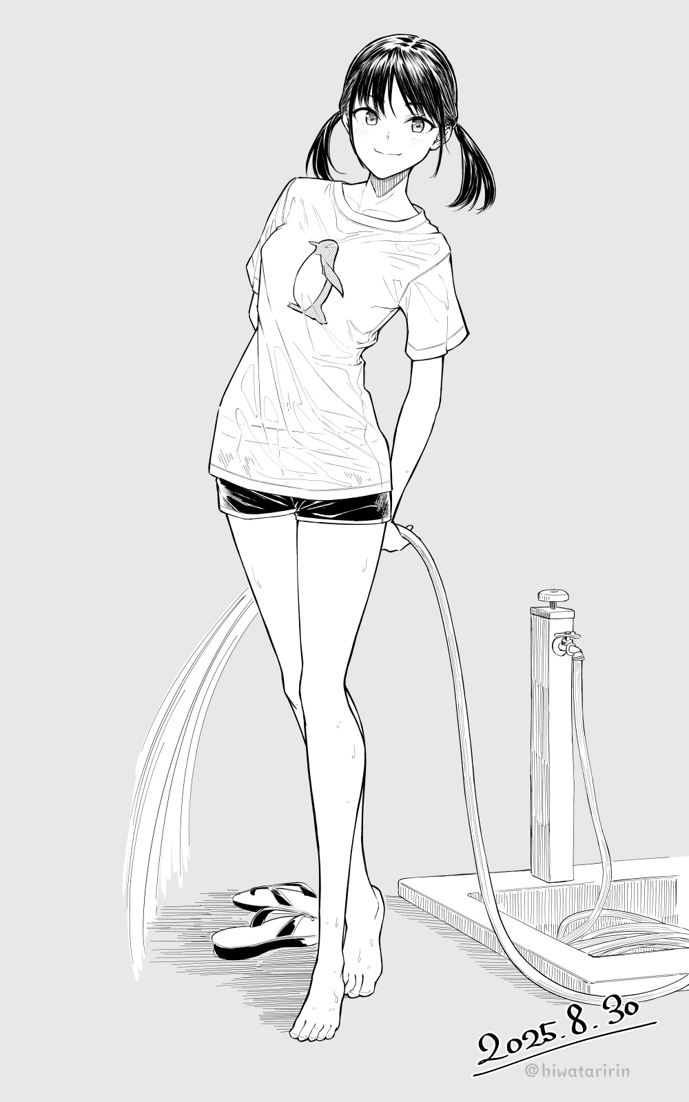 hiwatari rin, original, highres, 1girl, bare legs, barefoot, breasts, closed mouth, collarbone, dated, eyelashes, feet, flip-flops, greyscale, heel up, holding, holding hose, hose, legs, looking at viewer, micro shorts, monochrome, sandals, shadow, shirt, short sleeves, short twintails, shorts, simple background, small breasts, smile, solo, thighs, toenails, toes, twintails, twitter username, unworn sandals, wet, wet clothes, wet shirt