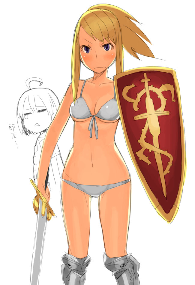 yu 65026, agrias oaks, medic (sekaiju), medic 2 (sekaiju), paladin (sekaiju), paladin 2 (sekaiju), ramza beoulve, atlus, etrian odyssey, final fantasy, final fantasy tactics, 1boy, 1girl, armor, bikini, blonde hair, blue eyes, blush, lowleg, lowleg bikini, parody, shield, swimsuit, sword, weapon