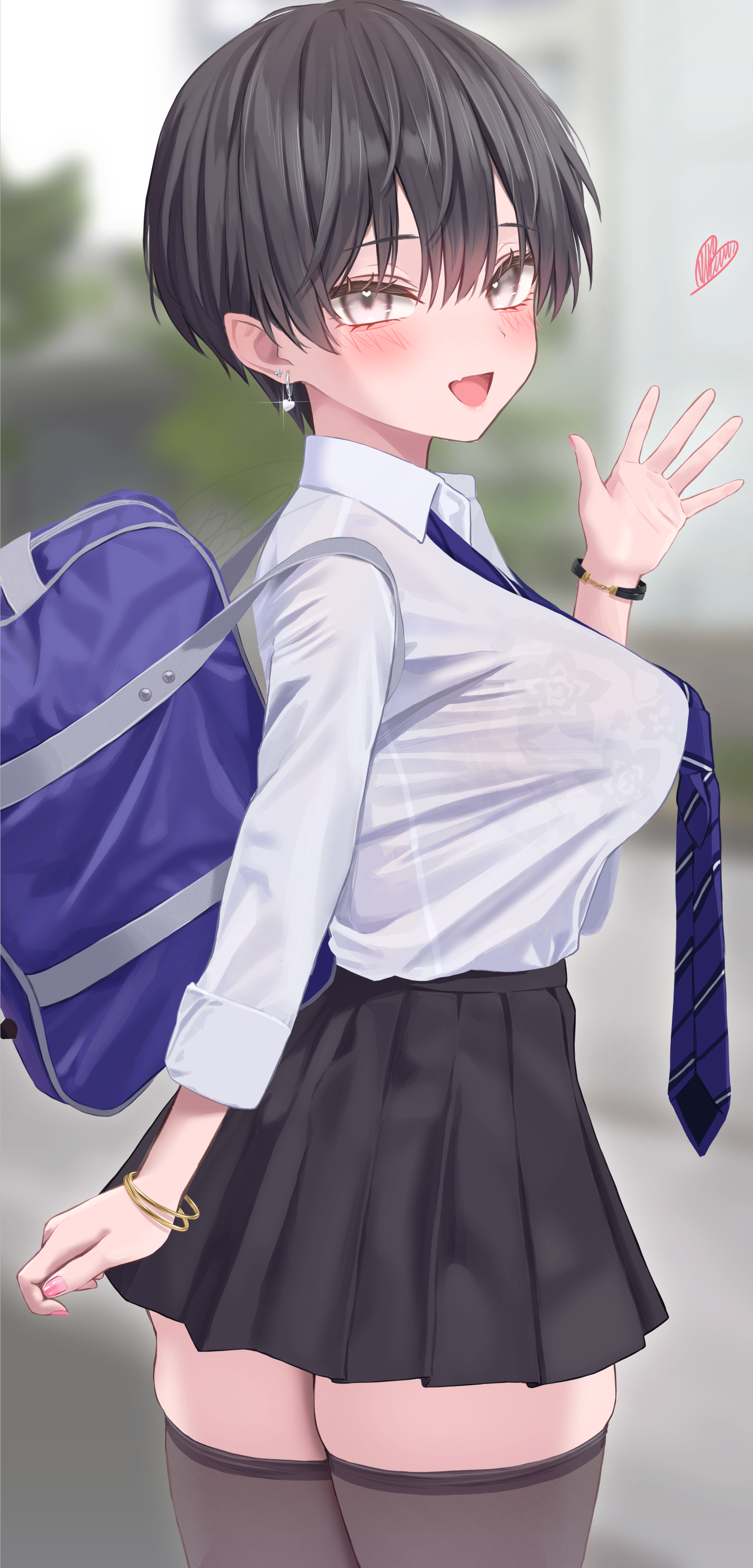 norio (noriosub), original, absurdres, highres, :d, bag, black bra, black eyes, black hair, black skirt, black thighhighs, blue necktie, blurry, blurry background, bra, bra visible through clothes, bracelet, breasts, collared shirt, diagonal-striped clothes, diagonal-striped necktie, earrings, heart, jewelry, large breasts, long sleeves, necktie, open mouth, pleated skirt, school bag, school uniform, see-through clothes, shirt, short hair, skirt, smile, striped clothes, thighhighs, tomboy, underwear, waving, white shirt