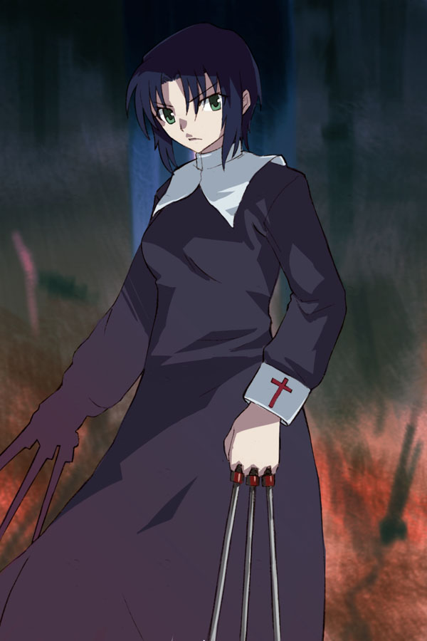 michael f91, ciel (tsukihime), tsukihime, 00s, 1girl, black dress, black hair, black keys (type-moon), blue eyes, collar, cross, dress, expressionless, female focus, long sleeves, looking at viewer, outdoors, short hair, solo, standing