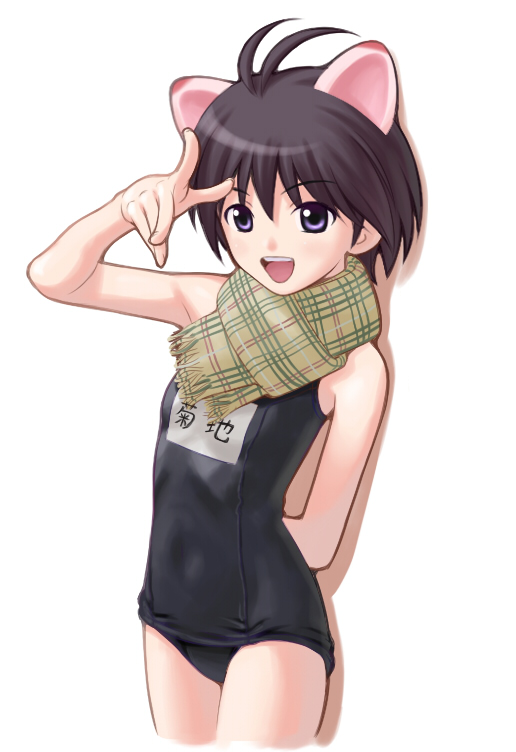 nekopuchi, kikuchi makoto, idolmaster, plaid, duplicate, 00s, 1girl, animal ears, antenna hair, cat ears, cowboy shot, looking at viewer, name tag, one-piece swimsuit, plaid scarf, scarf, school swimsuit, simple background, solo, swimsuit, white background