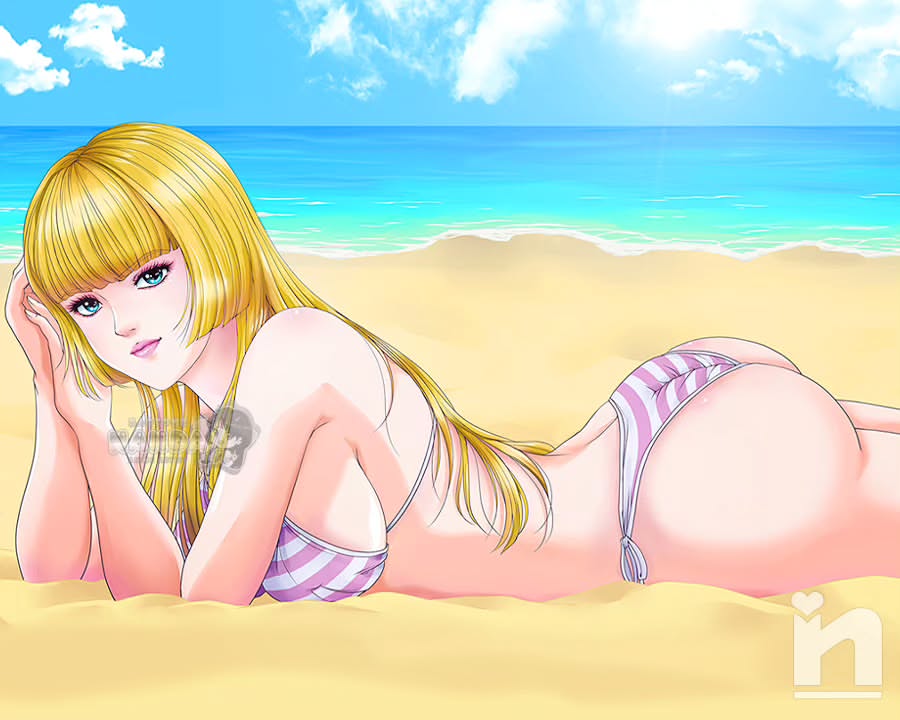 saotome nanda, emilie de rochefort, tekken, 1girl, ass, beach, bikini, blonde hair, blue eyes, lips, long hair, looking at viewer, lying, ocean, on stomach, sand, swimsuit, thong bikini, water