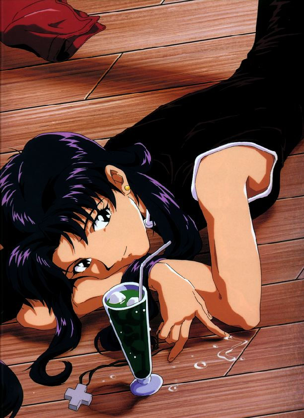 katsuragi misato, neon genesis evangelion, official art, 1girl, bare arms, bare shoulders, black dress, black eyes, closed mouth, cross, cross necklace, cup, dress, drink, drinking glass, drinking straw, dutch angle, earrings, female focus, greek cross, holding, holding jewelry, holding necklace, jewelry, long hair, looking at viewer, lying, necklace, on floor, on stomach, parted bangs, purple hair, sleeveless, sleeveless dress, smile, solo, stud earrings, unworn jewelry, unworn necklace, wooden floor
