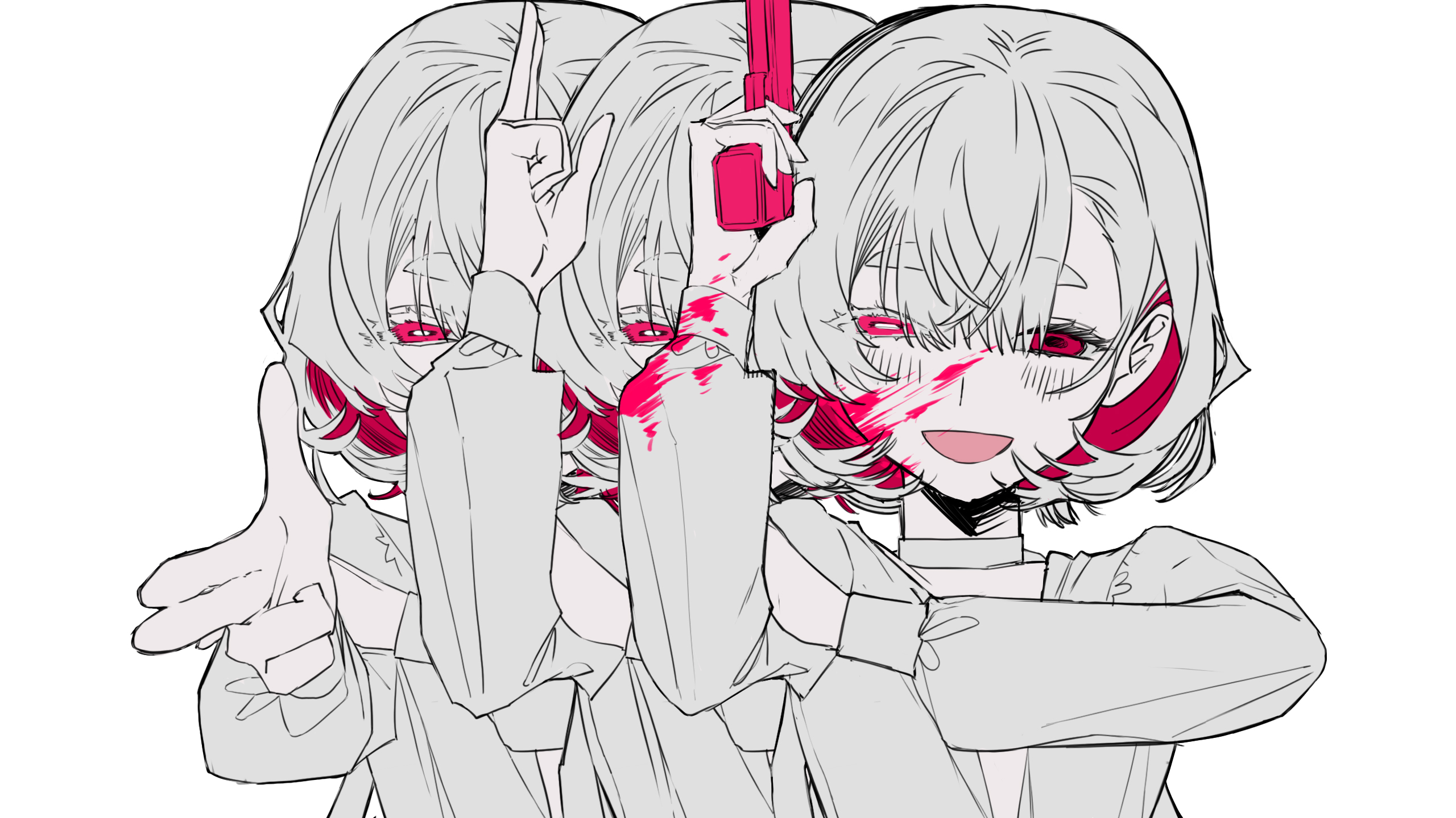 shin such, indie utaite, highres, 1girl, aiming, aiming at viewer, anata shika mienai no (vocaloid), blood, blood on clothes, blood on face, choker, clone, colored inner hair, dongdang, finger gun, gun, hair between eyes, half-closed eyes, handgun, hands up, holding, holding gun, holding weapon, long sleeves, looking at viewer, monochrome, multicolored hair, multiple views, open mouth, pink eyes, pointing, puffy sleeves, red eyes, shirt, short eyebrows, short hair, simple background, smile, spot color, thick eyebrows, upper body, weapon, white background