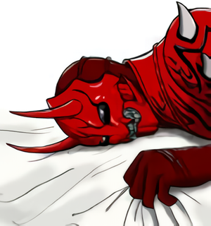 momotaros, kamen rider, kamen rider den-o (series), bad id, bad pixiv id, resized, upscaled, waifu2x, 1boy, armor, bed, black eyes, grabbing sheets, gravure, lying, male focus, monster, monster boy, on bed, on side, oni, oni horn, pinup (style), red armor, sharp teeth, spiked armor, teeth, white sheet