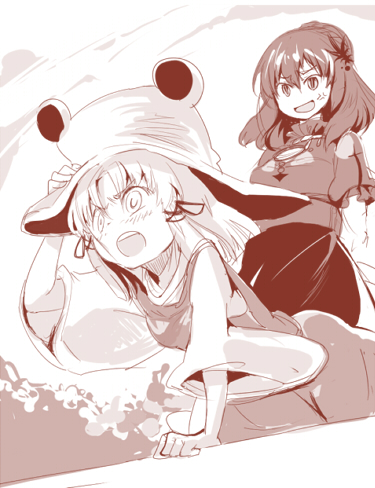 cis (carcharias), moriya suwako, yasaka kanako, touhou, lowres, 2girls, female focus, hat, monochrome, multiple girls, red theme