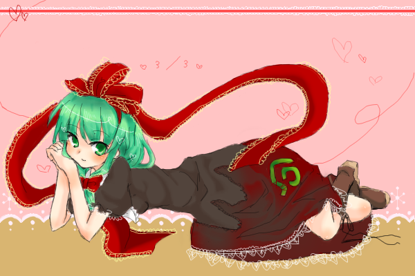 kagiyama hina, touhou, 1girl, dress, female focus, frills, front ponytail, full body, green eyes, green hair, looking at viewer, lying, matching hair/eyes, oekaki, on stomach, pink background, puffy short sleeves, puffy sleeves, red dress, shawl, short sleeves, simple background, solo