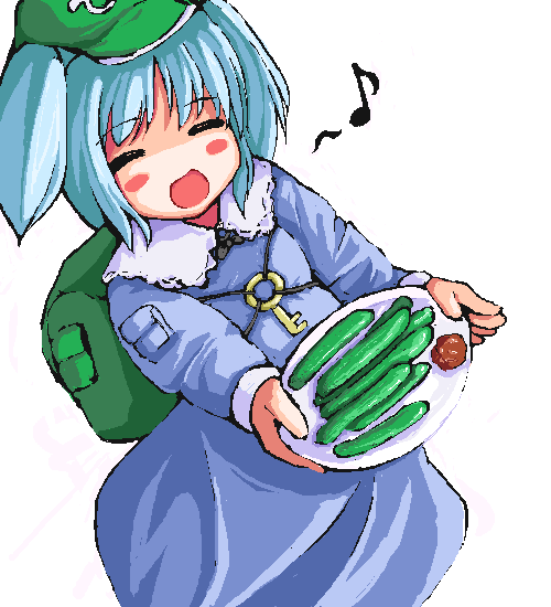 kawashiro nitori, touhou, 1girl, cucumber, female focus, oekaki, solo, two side up