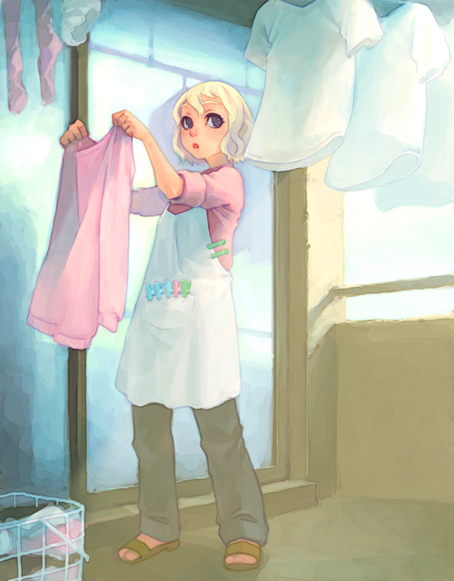 weno, weno's blonde original character, 1girl, blonde hair, brown eyes, brown sandals, female focus, full body, laundry, outdoors, sandals, solo
