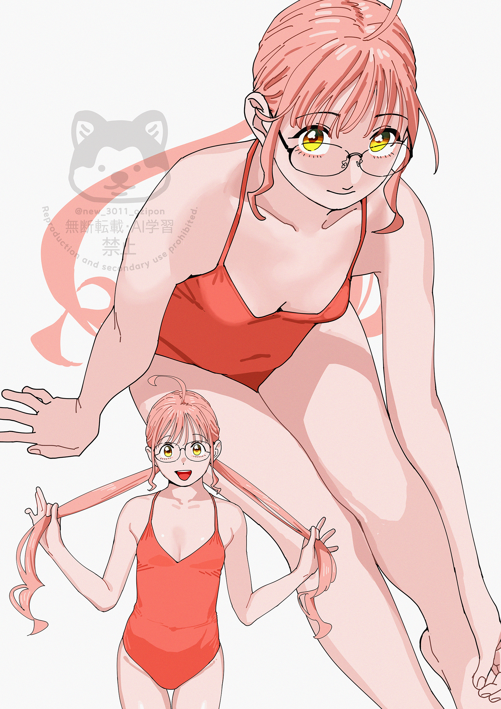 ojipon, makigumo (kancolle), kantai collection, highres, 1girl, ahoge, alternate costume, alternate hairstyle, breasts, casual one-piece swimsuit, closed mouth, cowboy shot, downblouse, feet out of frame, glasses, holding, holding own hair, long hair, looking at viewer, low ponytail, multiple views, one-piece swimsuit, open mouth, pink hair, ponytail, red one-piece swimsuit, simple background, small breasts, smile, swimsuit, watermark, white background, yellow eyes