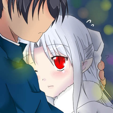 darusu, nanaya shiki, tohno shiki, white len (tsukihime), melty blood, tsukihime, type-moon, bad id, bad pixiv id, lowres, 00s, 1boy, 1girl, gakuran, half updo, hetero, hug, pointy ears, school uniform, white hair