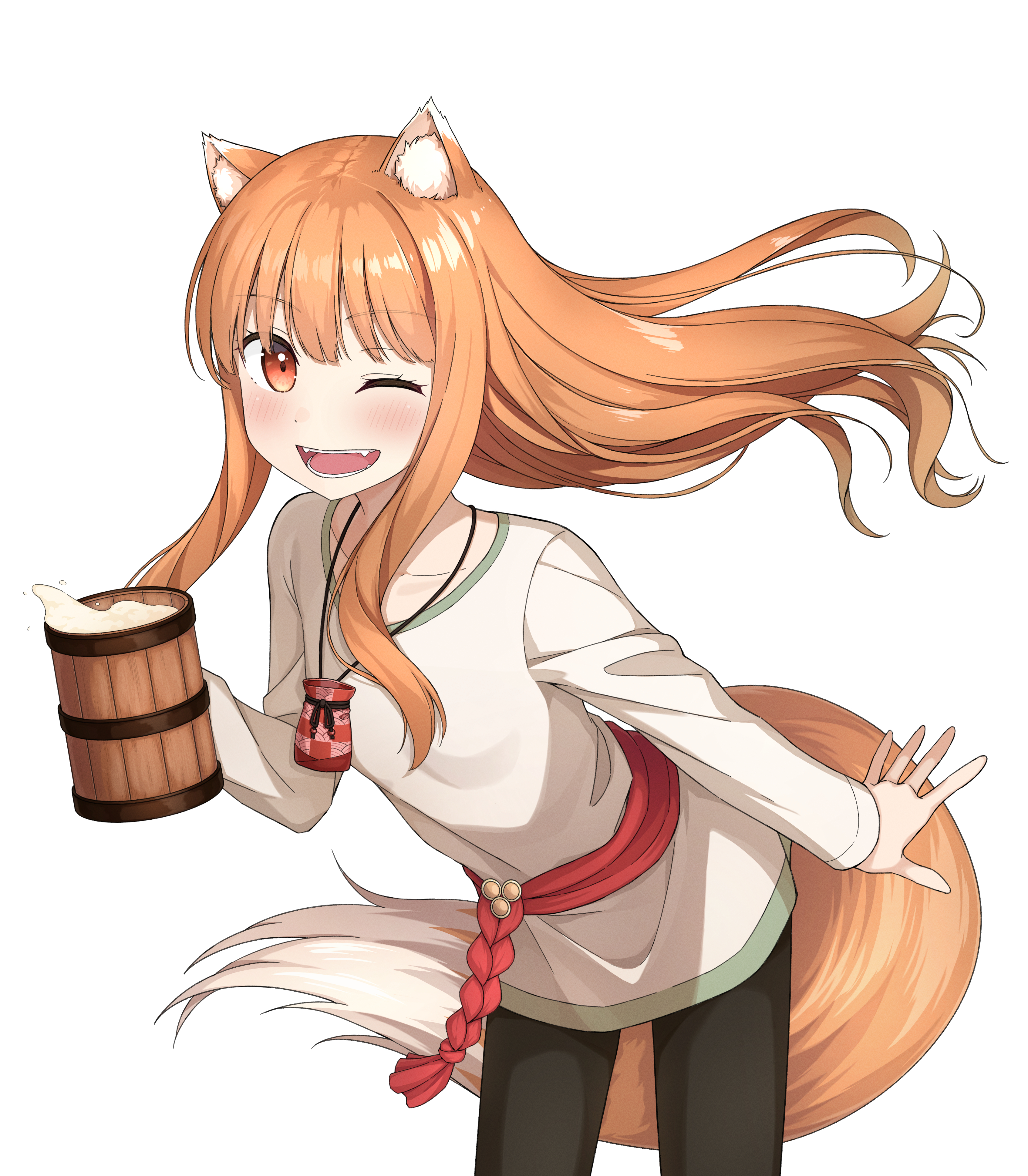 tuya yuanwang, holo, spice and wolf, absurdres, highres, 1girl, animal ear fluff, animal ears, beer mug, black pants, blush, breasts, brown hair, collarbone, cowboy shot, cup, eyelashes, fangs, holding, holding cup, jewelry, leaning forward, long sleeves, looking at viewer, mug, necklace, one eye closed, open mouth, pants, pouch, red sash, sash, shirt, sidelocks, simple background, small breasts, tail, white background, white shirt, wolf ears, wolf girl, wolf tail, wooden cup