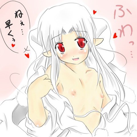 darusu, white len (tsukihime), melty blood, tsukihime, type-moon, bad id, bad pixiv id, lowres, 00s, 1girl, female focus, flat chest, gradient background, nipples, pointy ears, solo, white hair
