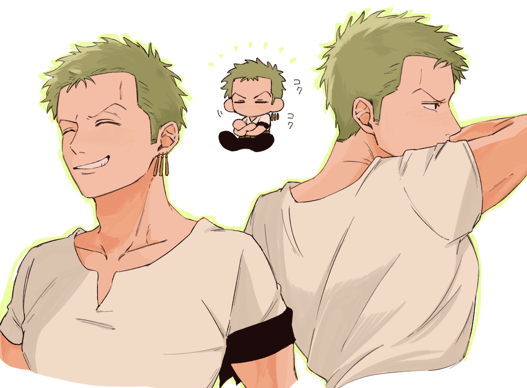 iqracha, roronoa zoro, one piece, highres, 1boy, chibi, closed eyes, cropped torso, crossed arms, green hair, green outline, grin, male focus, multiple views, outline, shirt, short hair, short sleeves, sideburns, smile, white background, white shirt