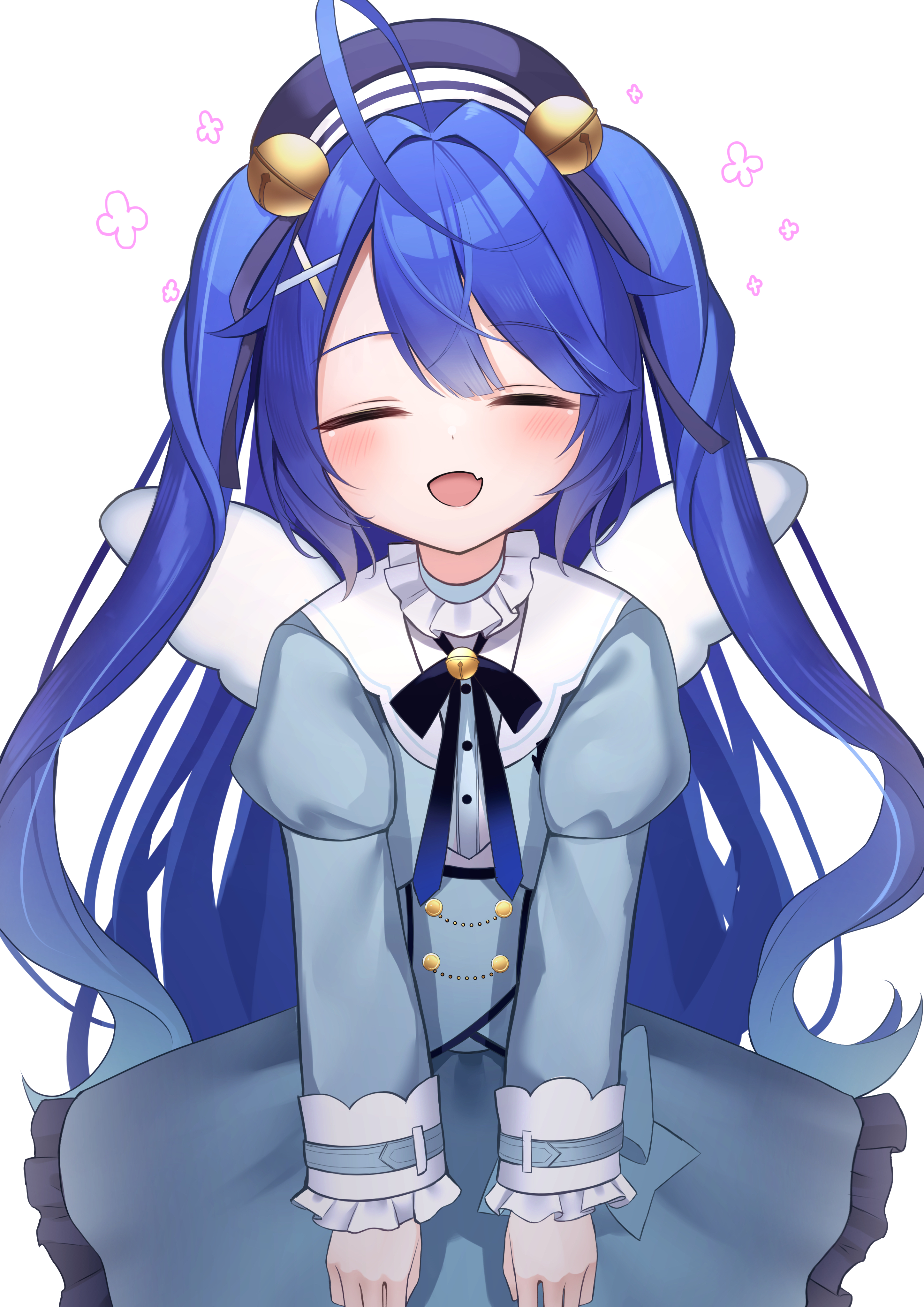 shin insh, amamiya kokoro, amamiya kokoro (1st costume), nijisanji, absurdres, highres, 1girl, ahoge, angel wings, bell, beret, blue hair, blush, caber, closed eyes, collar, dress, fang, frilled collar, frilled cuffs, frilled dress, frills, hair bell, hair ornament, hair ribbon, hat, jingle bell, juliet sleeves, long hair, long sleeves, mini wings, open mouth, puffy sleeves, ribbon, sidelocks, simple background, skin fang, solo, two side up, very long hair, virtual youtuber, white background, wings, x hair ornament
