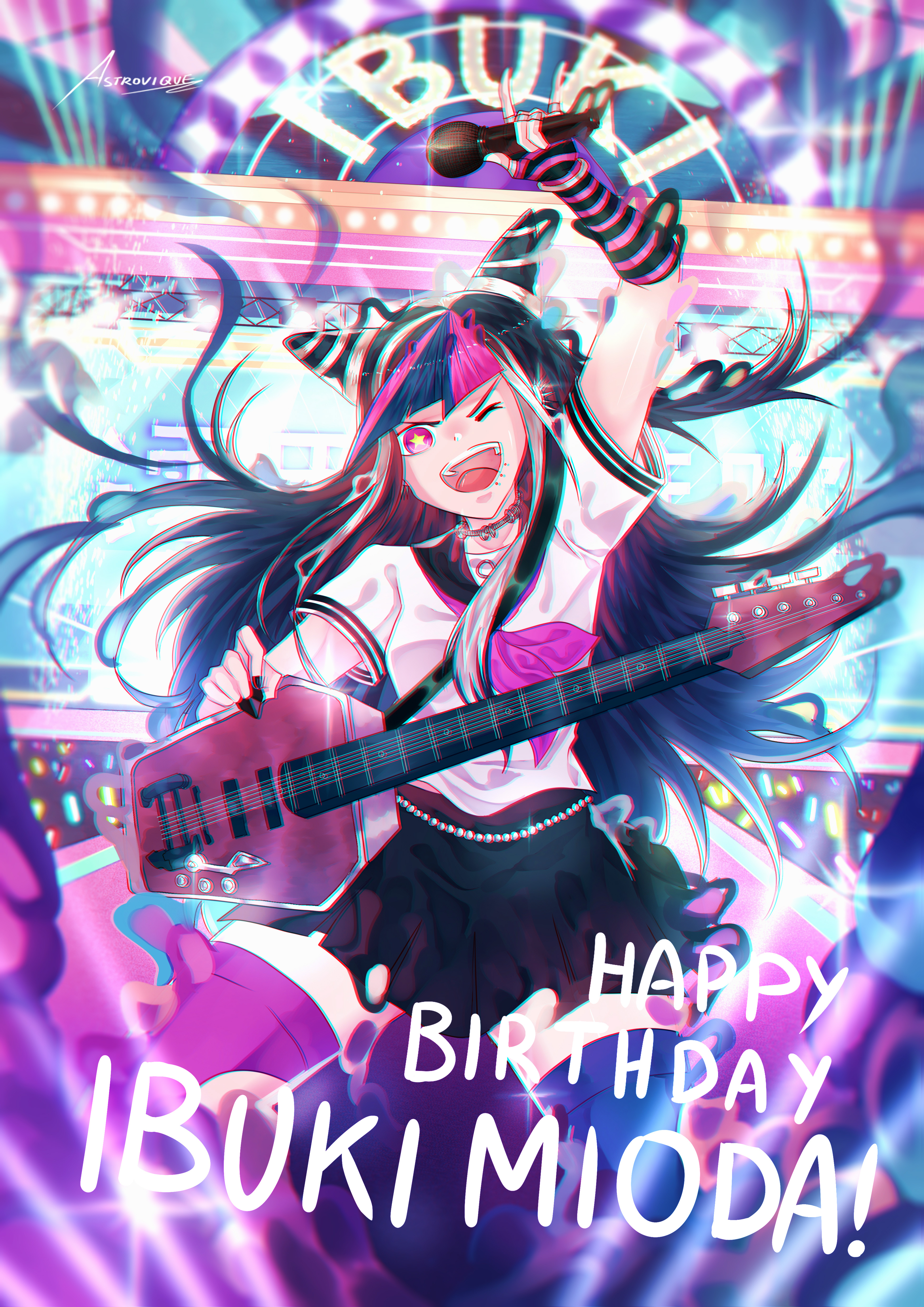 astrovique, mioda ibuki, danganronpa (series), danganronpa 2: goodbye despair, absurdres, commentary, english commentary, highres, 1girl, n/, arm up, artist name, black hair, black nails, black sailor collar, black skirt, blue hair, blue streaks, bracelet, bright pupils, character name, choker, collared shirt, concert, ear piercing, elbow gloves, electric guitar, english text, face piercing, fingerless gloves, gloves, guitar, hair horns, happy birthday, holding, holding microphone, holding plectrum, instrument, jewelry, long hair, microphone, mismatched thighhighs, mouth piercing, multicolored hair, multiple rings, nail polish, neckerchief, one eye closed, open mouth, piercing, pink eyes, pink hair, pink neckerchief, pink streaks, plectrum, ring, sailor collar, school uniform, serafuku, shirt, short sleeves, single elbow glove, single fingerless glove, skirt, smile, solo, stage lights, star-shaped pupils, star (symbol), streaked hair, striped clothes, striped gloves, symbol-shaped pupils, teeth, two-tone gloves, upper teeth only, v-shaped eyebrows, white hair, white pupils, white shirt