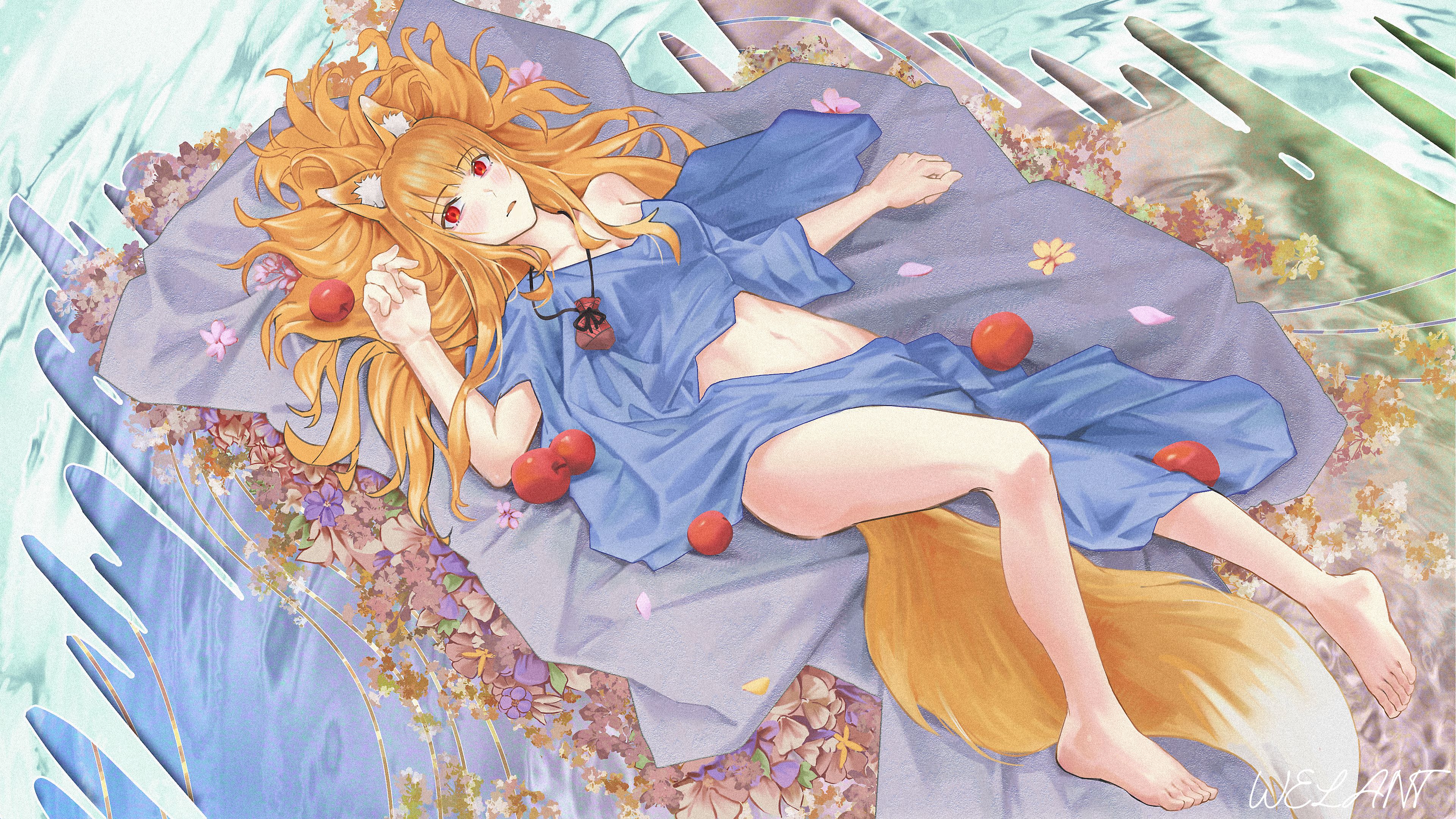 welant, holo, spice and wolf, absurdres, commentary, highres, 1girl, animal ear fluff, animal ears, apple, barefoot, blue shirt, blue skirt, blush, breasts, brown hair, cleavage, feet, food, from above, fruit, full body, hand up, knee up, legs, long hair, looking at viewer, lying, navel, off shoulder, on back, open mouth, pouch, red eyes, shirt, sidelocks, skirt, small breasts, solo, tail, toenails, toes, wolf ears, wolf girl, wolf tail
