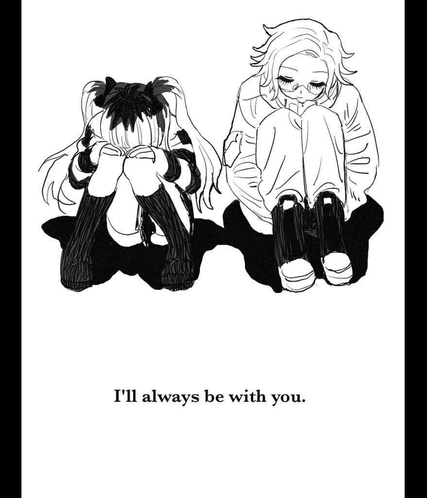tami tome mo, amemiya darumi, aotsuki eito, the hundred line -last defense academy-, commentary request, 1boy, 1girl, boots, bow, closed eyes, english text, glasses, hair bow, head down, hugging own legs, jacket, knees together feet apart, knees up, long hair, monochrome, multicolored hair, pants, roots (hair), shirt, shoes, short hair, sitting, skirt, sleeve pouch, striped clothes, striped shirt, twintails