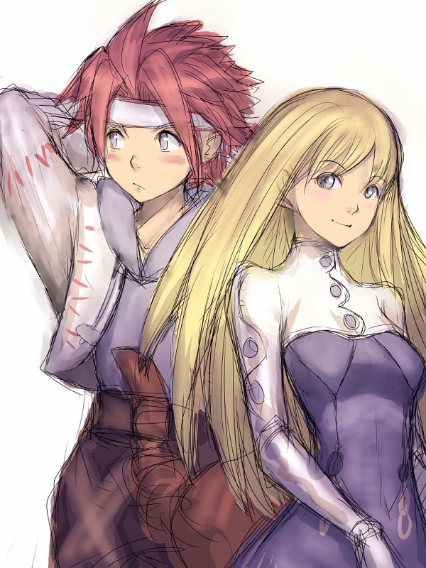 fumio (rsqkr), idea (soma bringer), welt (soma bringer), soma bringer, blonde hair, blue eyes, blush, grey eyes, headband, idea, long hair, red hair, smile, spiked hair