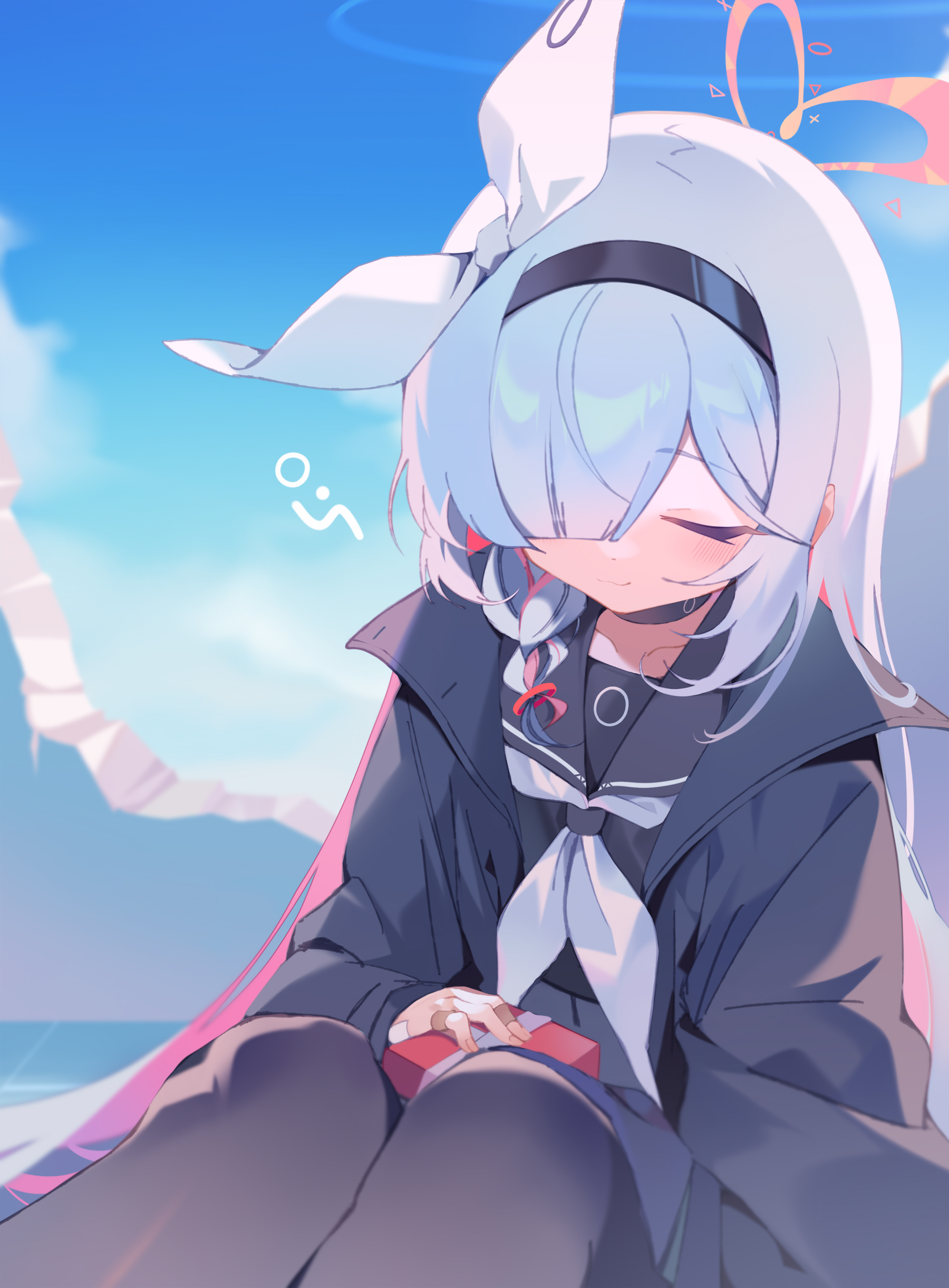 teoskyrios, plana (blue archive), blue archive, absurdres, commentary request, highres, 1girl, :3, black choker, black coat, black hairband, black pantyhose, black sailor collar, black serafuku, blue sky, blush, box, box of chocolates, braid, choker, closed eyes, cloud, coat, colored inner hair, day, hair over one eye, hairband, halo, heart, heart halo, holding, jacket, long hair, long sleeves, multicolored hair, neckerchief, outdoors, pantyhose, pink hair, red halo, ribbon, ruins, sailor collar, school uniform, serafuku, single braid, sitting, skirt, sky, solo, umbrella gun, valentine, white hair, white neckerchief, white ribbon