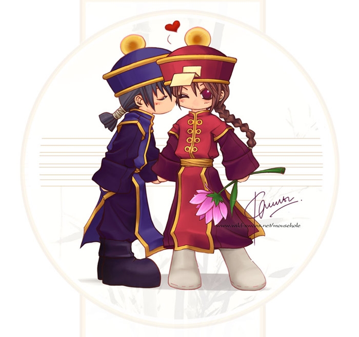 bongun, munak, ragnarok online, braid, flower, holding hands, jiangshi, kiss, ponytail