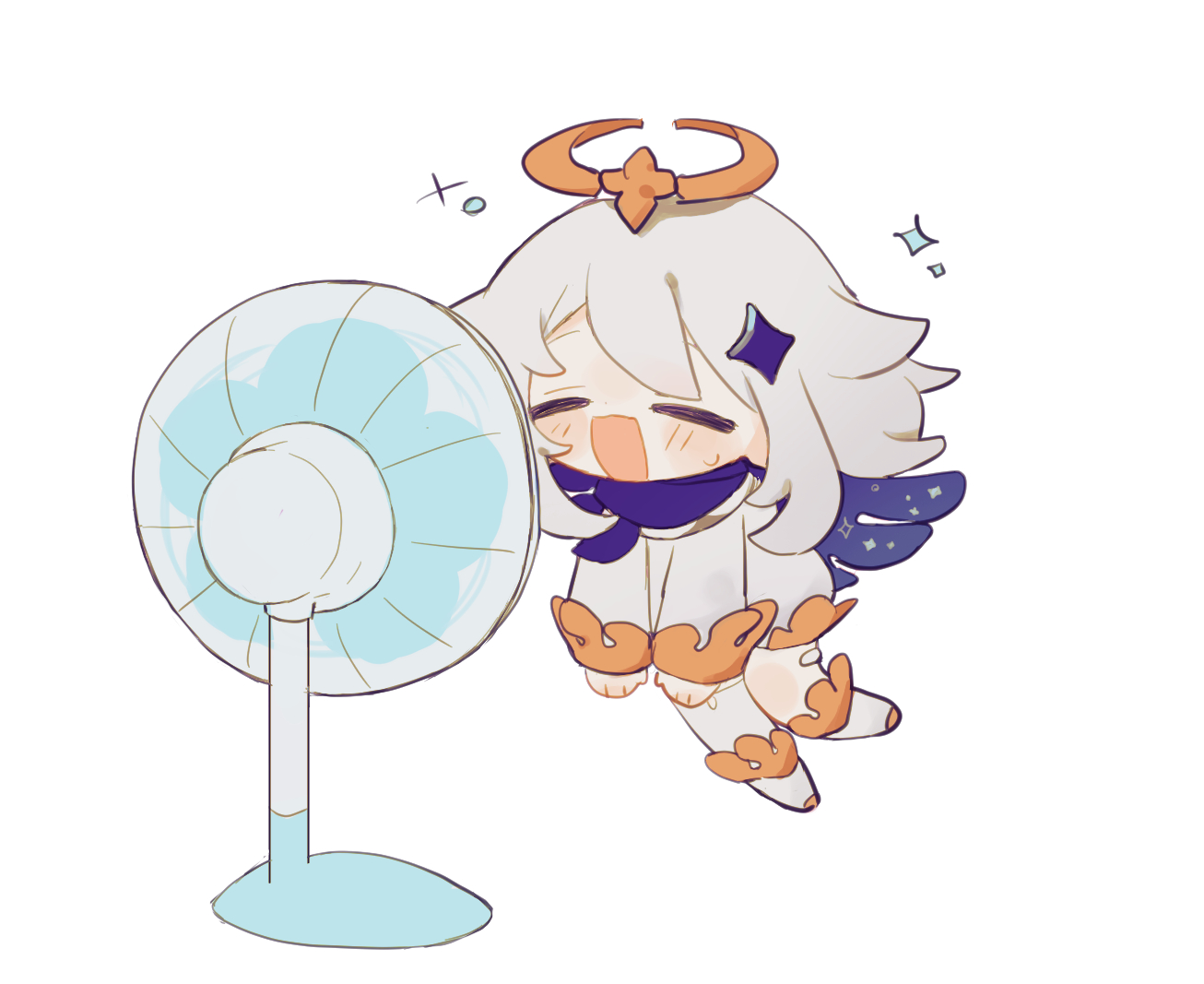 umimiminn, paimon (genshin impact), genshin impact, commentary request, 1girl, = =, blush, closed eyes, electric fan, floating, full body, hair ornament, halo, long hair, long sleeves, open mouth, simple background, smile, solo, sweatdrop, white background, white hair