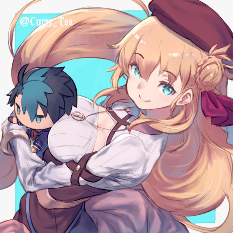 auru t, agnes claudel, van arkride, eiyuu densetsu, kai no kiseki, kuro no kiseki (series), 1girl, beret, black hair, blonde hair, blue background, blue hair, border, breasts, bun with braided base, cleavage, double-parted bangs, floating hair, green eyes, hair between eyes, hair bun, hat, holding, holding stuffed toy, hugging object, jewelry, large breasts, long hair, looking at viewer, multicolored hair, pendant, red hat, short hair, simple background, single side bun, smile, solo, stuffed toy, twitter username, two-tone background, two-tone hair, white border