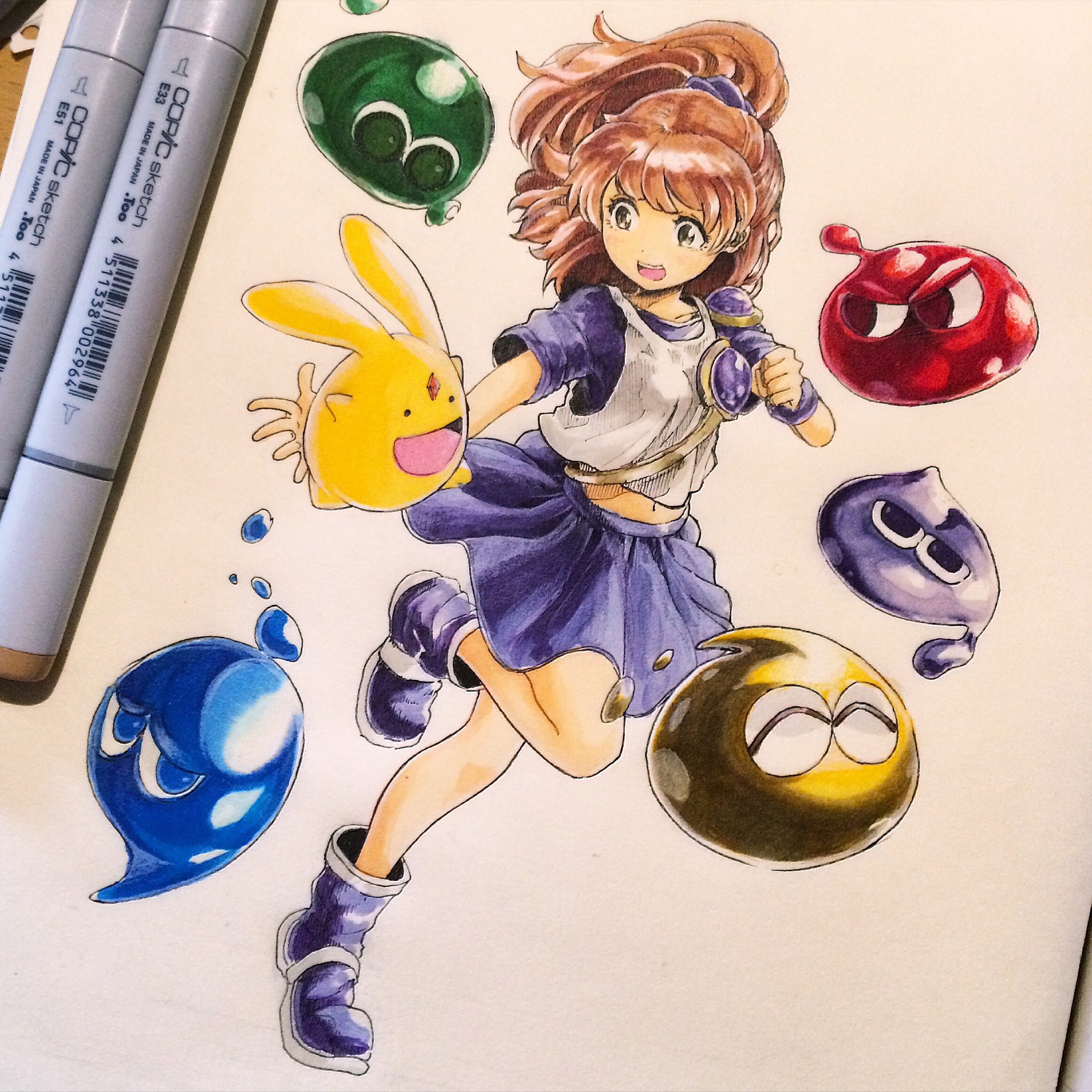 mitsumayo, arle nadja, carbuncle (puyopuyo), puyo (puyopuyo), madou monogatari, puyopuyo, commentary request, highres, marker (medium), traditional media, 1girl, art tools in frame, blue boots, blue shirt, boots, brown hair, clenched hand, full body, looking at another, navel, ponytail, running, shirt, solo, vest, white vest, wristband