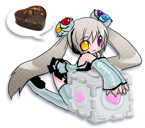 ichi kazu, kazu01 (artist), glados, glados-tan, portal (series), portal 1, spoilers, 1girl, aperture science weighted companion cube, boots, cake, cube, detached sleeves, female focus, food, hairpods, heart, heterochromia, long hair, pastry, personification, skirt, solo, thigh boots, thighhighs, twintails, valve, white hair, zettai ryouiki