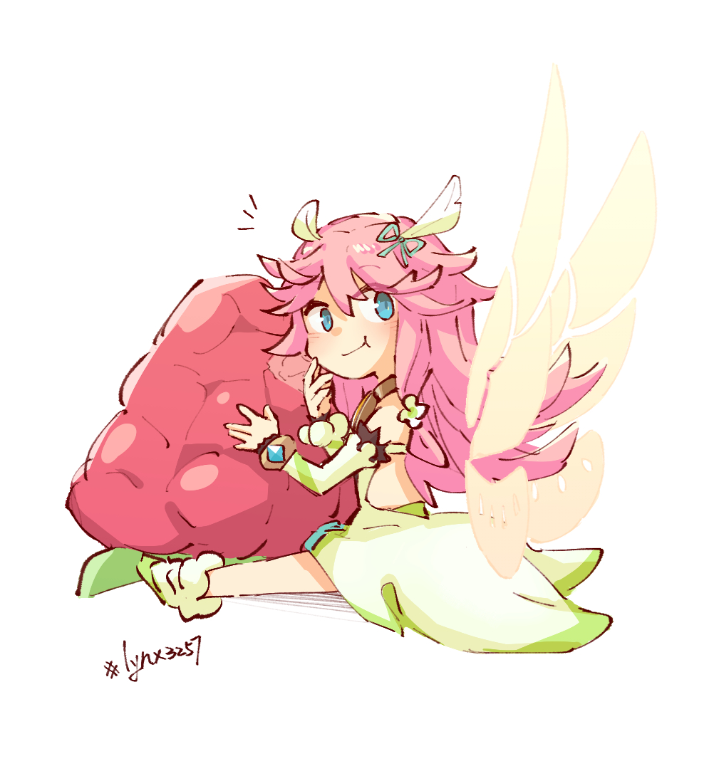 alonemistrist, notte (dragalia lost), dragalia lost, 1girl, blue eyes, bow, detached sleeves, dress, eating, fairy, fairy wings, flower, food, from side, fruit, full body, green bow, green dress, hair between eyes, hair bow, hair flower, hair ornament, looking at viewer, pink hair, sitting, smile, solo, strawberry, white background, wings