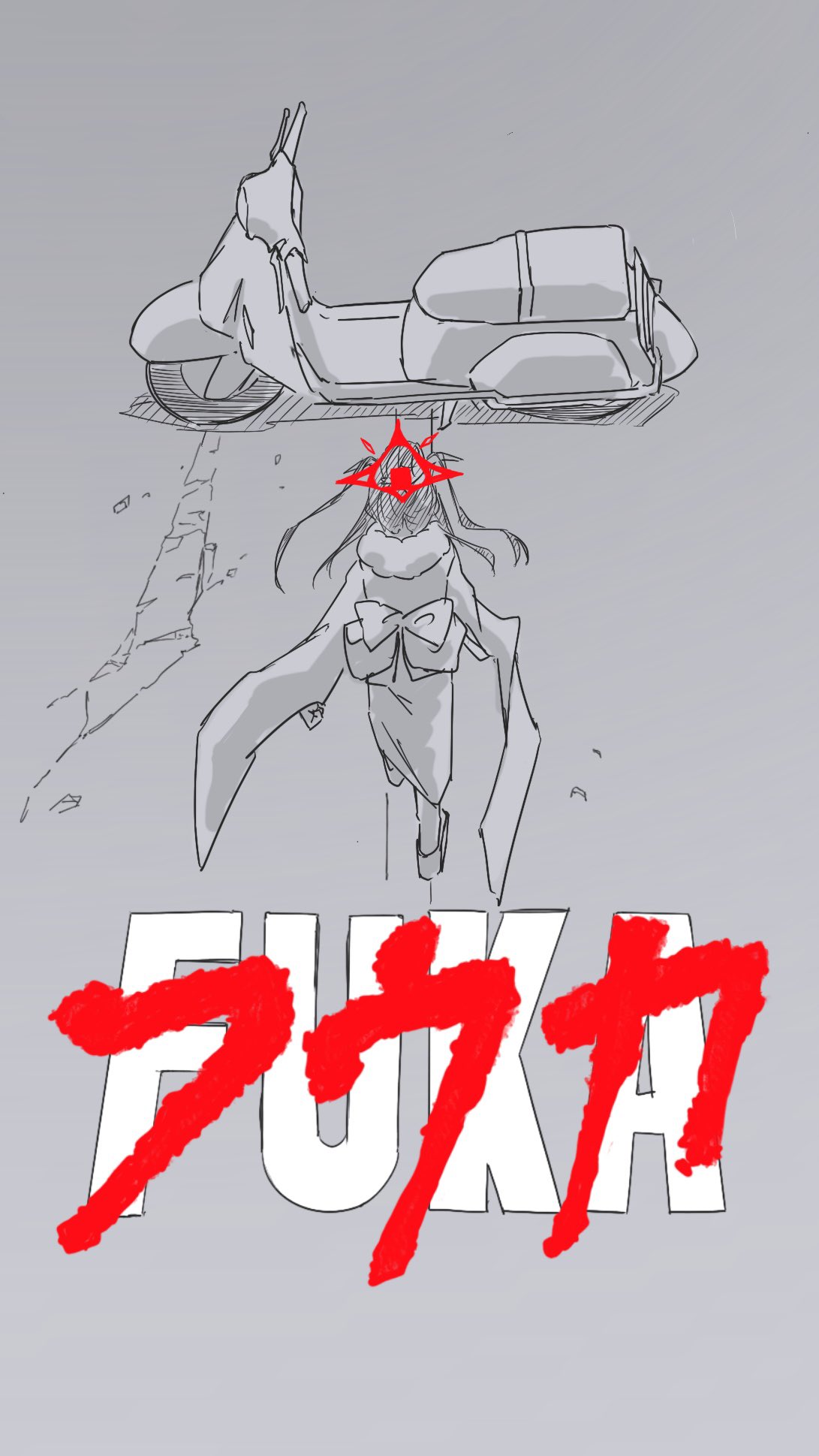 vividnatadecoco, fuuka (blue archive), fuuka (new year) (blue archive), akira (manga), blue archive, highres, 1girl, facing away, from above, from behind, fur collar, halo, japanese clothes, kimono, long hair, motor vehicle, scooter, solo, spot color, walking