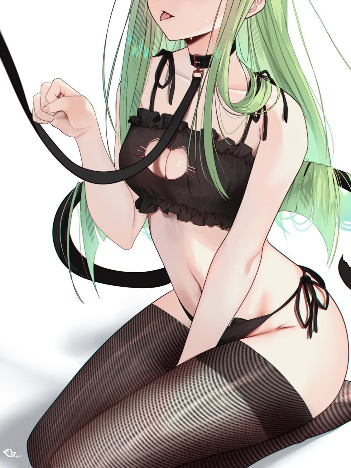 budgiepon, c.c., code geass, 1girl, artist name, bare shoulders, black thighhighs, breasts, cleavage, cleavage cutout, clothing cutout, collarbone, female focus, green hair, leash, lingerie, long hair, open mouth, simple background, small breasts, tail, thighhighs, thighs, tongue, tongue out, underwear, white background