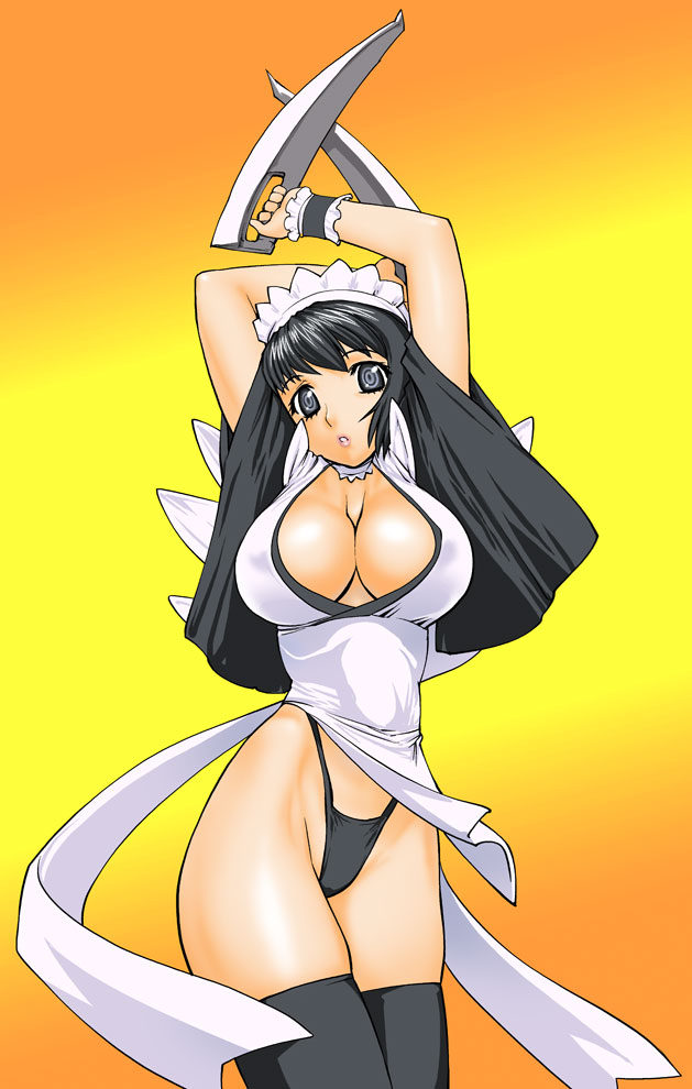 ueyama michirou, iroha (samurai spirits), samurai spirits, 1girl, arms up, black eyes, black hair, black thighhighs, blush, breasts, cleavage, collarbone, curvy, female focus, gradient background, head tilt, highleg, highleg panties, holding, holding sword, holding weapon, large breasts, looking at viewer, maid headdress, panties, simple background, solo, standing, sword, thighhighs, thong, underwear, weapon