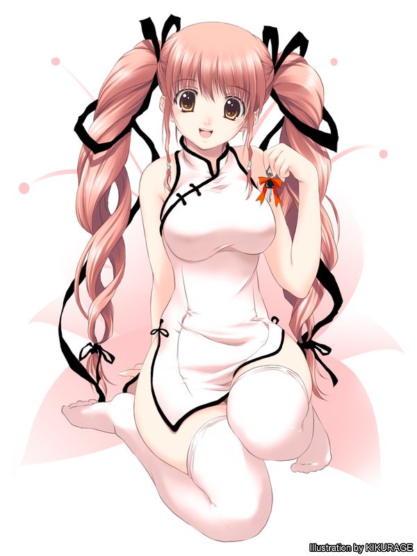 kikurage (plastic people), white legwear, bare shoulders, brown eyes, brown hair, china dress, chinese clothes, pink hair, ribbon, thighhighs, twintails