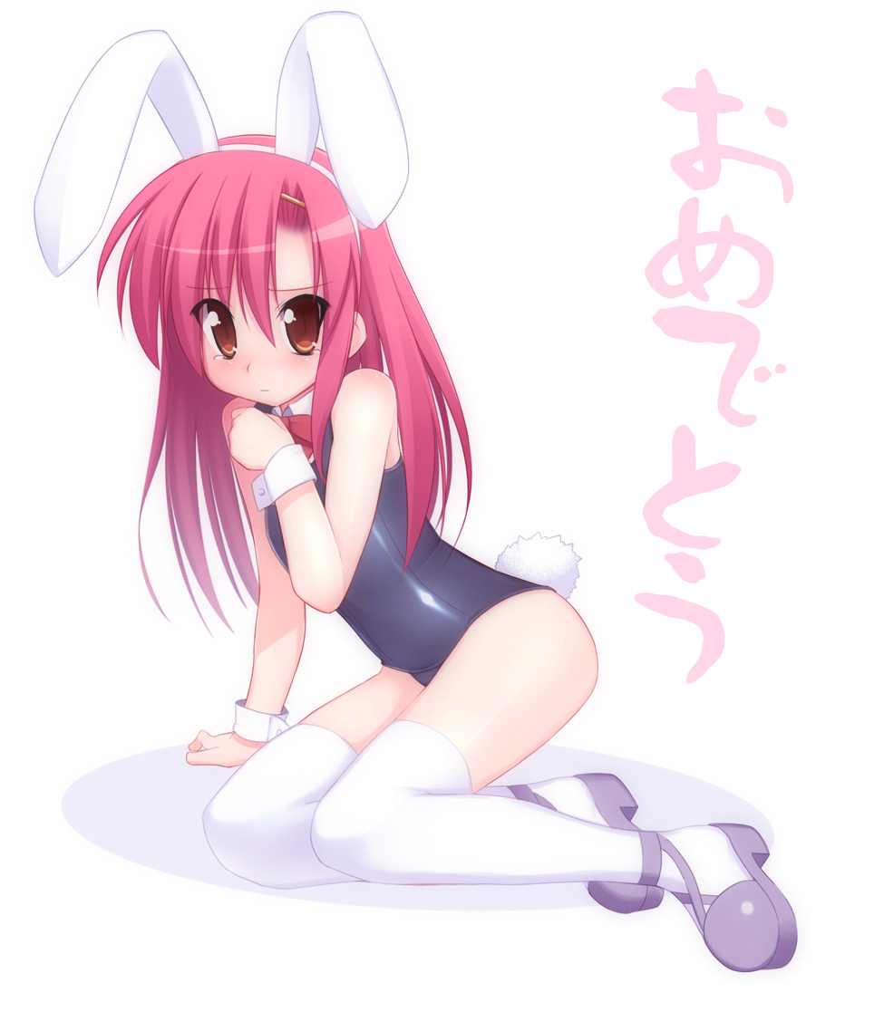 hoppege, katsura hinagiku, hayate no gotoku!, 00s, 1girl, animal ears, black leotard, blush, bow, bowtie, brown eyes, detached collar, embarrassed, fake animal ears, female focus, hair ornament, hairclip, leotard, long hair, looking at viewer, pink hair, playboy bunny, purple shoes, rabbit ears, rabbit tail, red bow, red bowtie, shoes, sitting, solo, tail, thighhighs, white background, white thighhighs, white wrist cuffs, wrist cuffs