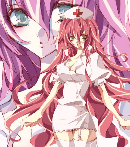 kyan (glira), original, bad id, bad pixiv id, 1girl, brown eyes, female focus, long hair, nurse, red hair, solo, thighhighs, very long hair